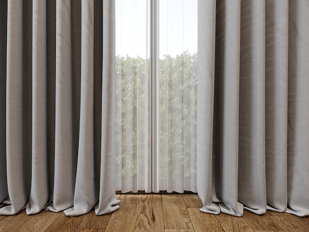 Grey curtain in the white room 3d render