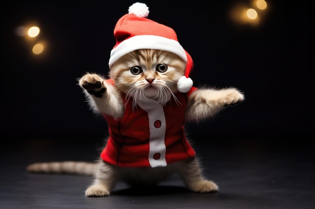 어두운 배경에 크리스마스 모자를 쓰고 두 다리에 회색 귀여운 고양이 재미있는 고양이 Generative AI