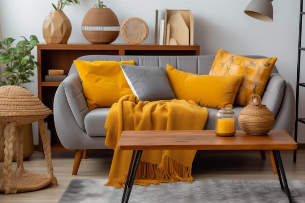 Grey decor interior yellow cushion home house sofa pillow apartment modern Generative AI