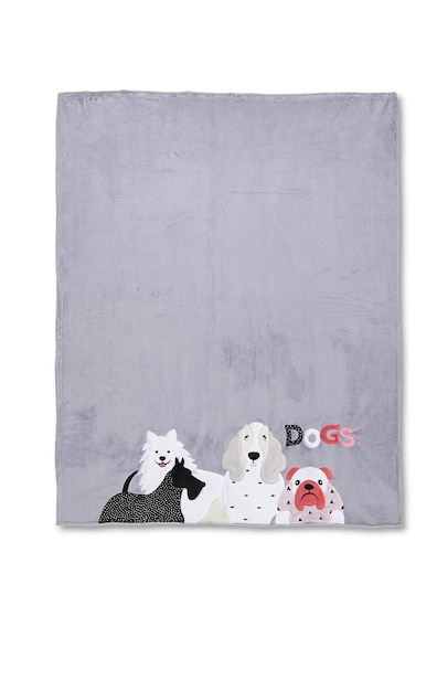 A grey dog blanket with dogs on it