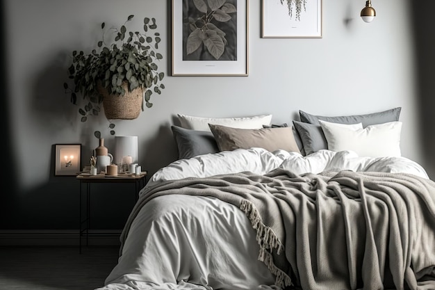 グレーの羽毛布団、白とベージュの毛布を備えた明るい寝室の居心地の良いベッド