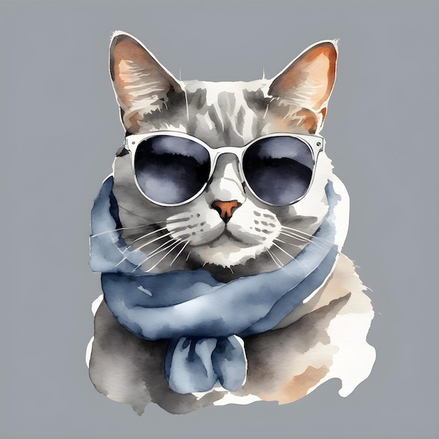 Grey fashionable cat with sunglasses and scarf Watercolor hand painted illustration