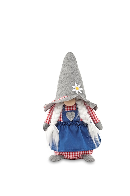 A grey gnome with a white flower on the front.