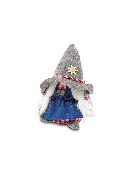 A grey gnome with a white flower on the front.