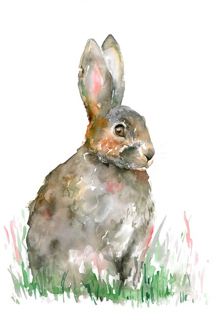 緑の芝生の上の灰色のウサギ。イースターのウサギ白い背景で隔離されました。水彩イラスト。