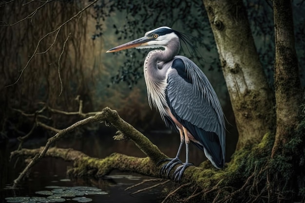 A grey heron on a tree