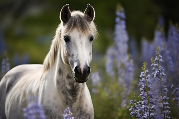 Grey Horse Posing Among Lupine Flowers in a Portrait Generative Ai