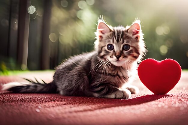 grey kitten plays with red heart international cat day