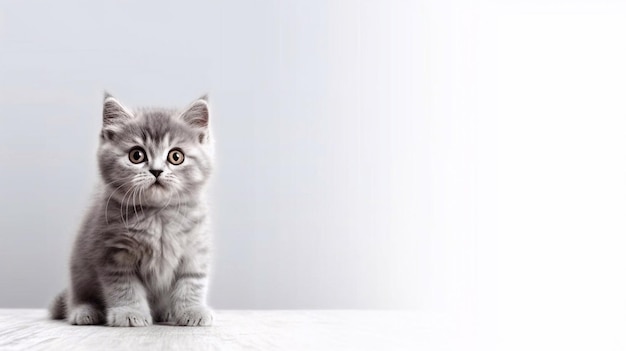 A grey kitten sits on a table with a white background.