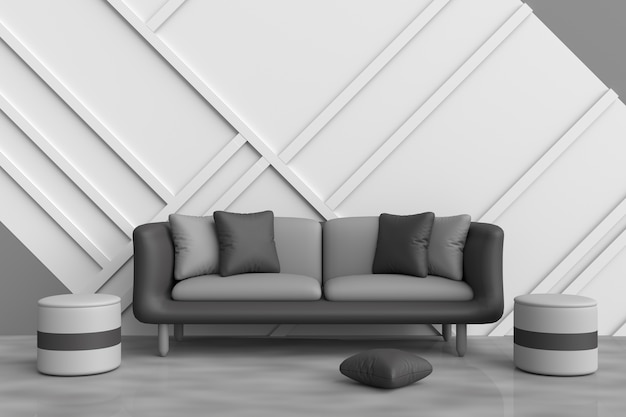 Серый декор гостиной с черным диваном, черные и серые подушки, серый стул. 3D визуализации.