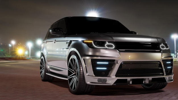 A Grey Luxury SUV Car in blue lagoon at night. Front view