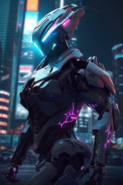 Grey mecha giant robot with lights over cityscape created using generative ai technology