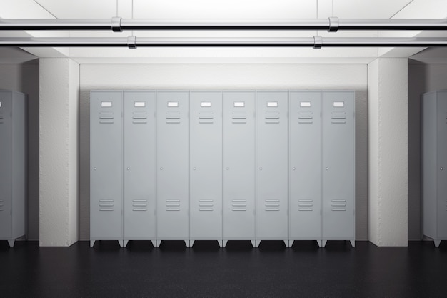 Grey Metal Lockers in Lockers Room extreme closeup. 3d Rendering.