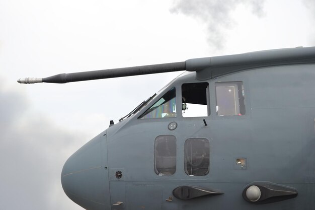 Grey military plane closeup on windshield