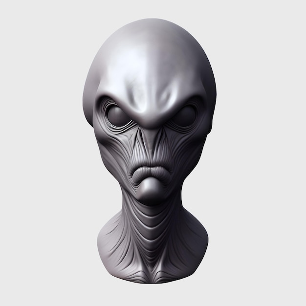 A grey model of a alien head with a face and eyes.