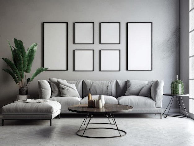 Grey modern living room with mock up frame and modern furniture Generative AI