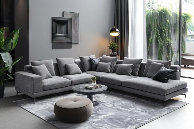 Grey modern sofa in the center of living room