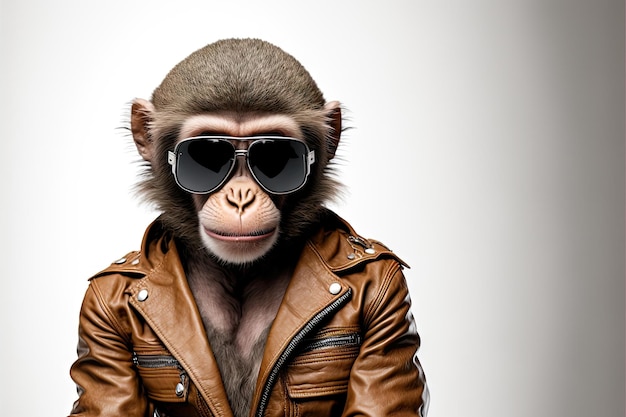 Grey monkey in leather jacket with sunglasses isolated on white background created with generative a