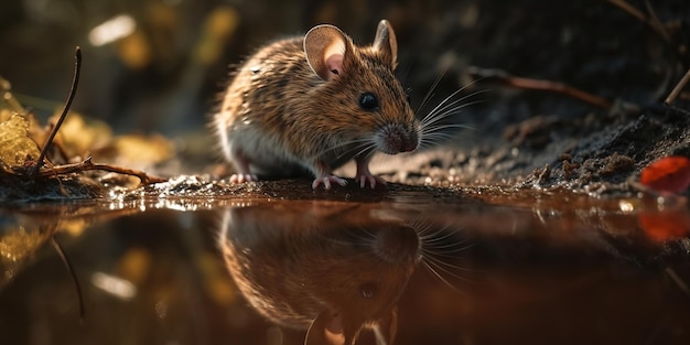 Серая мышь над лужей воды в осеннем лесу