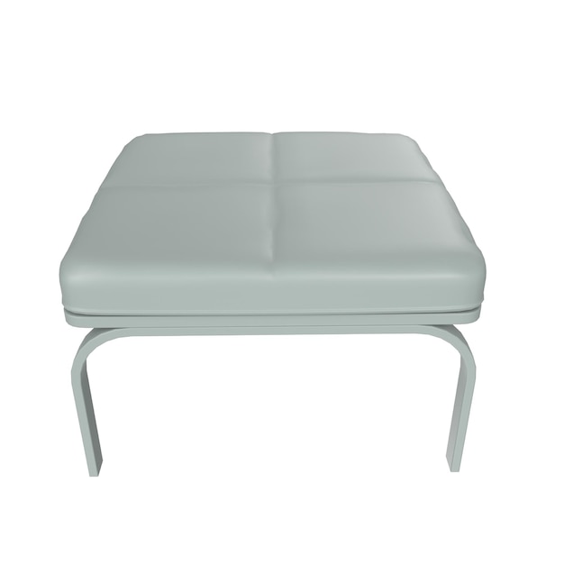 A grey ottoman with a white background and the word " i " on it.