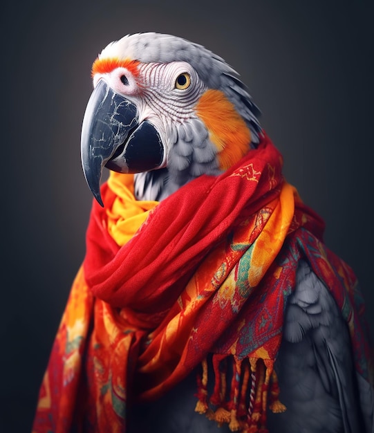 grey parrotst with scarf in a grey background portrait created by generative AI technology