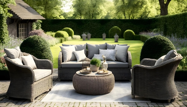 Grey pillows on trendy wicker L shape sofa in the green garden generative ai