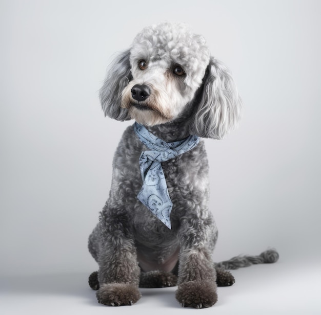 A grey poodle with a blue scarf sits in front of a grey background.