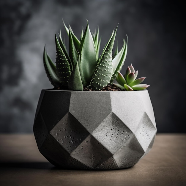 A grey pot with a plant in it that says " aloe ".