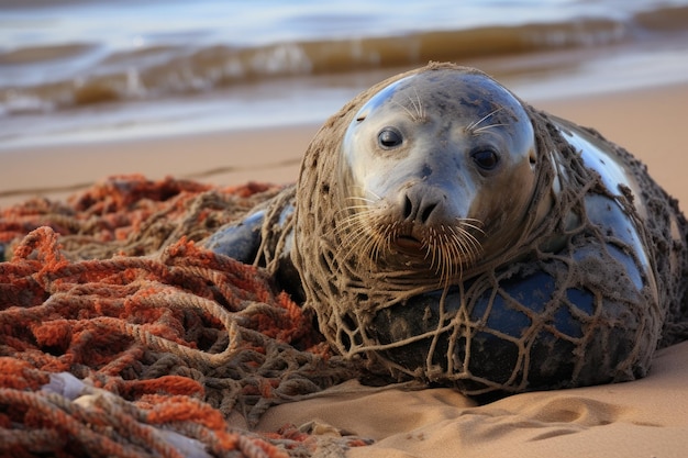 Foto una foca grigia a horsey beach nel norfolk, in inghilterra, era tristemente impigliata in una porzione di rete da pesca che