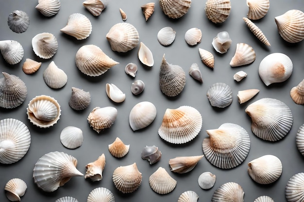 Grey seashell flat lay background