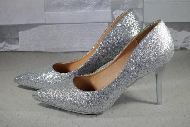 Grey shiny stiletto heels for women