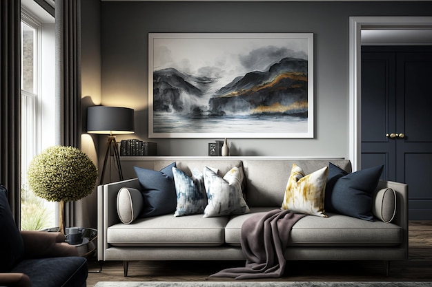 Grey sofa in contemporary living room with framed textile art