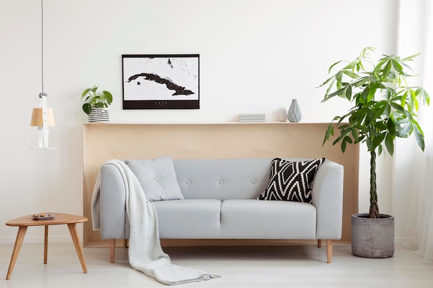 Grey sofa between plant and wooden table in bright living room i