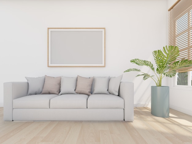 Grey sofa in white room with ficture frame