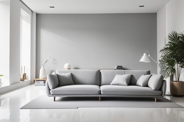 Grey sofa in white room