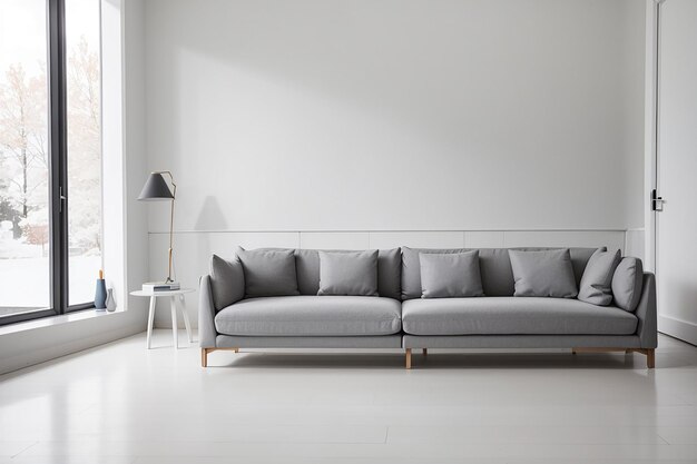 Grey sofa in white room