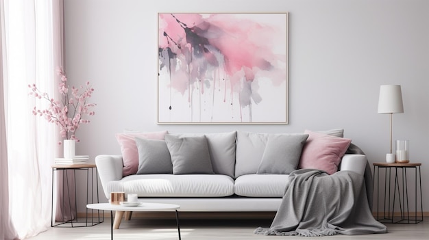 Foto divano grigio con cuscini e coperte rosa