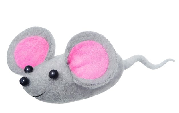 Grey soft mouse toy with big pink ears isolated on white background