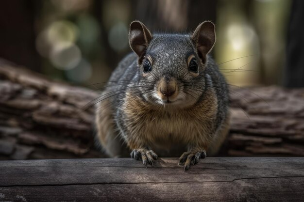 Grey squirrel balances on a beam of wood