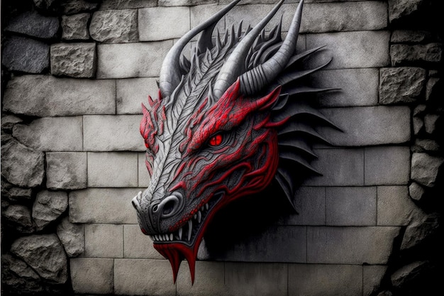 Grey stone wall with image of head of red dragons