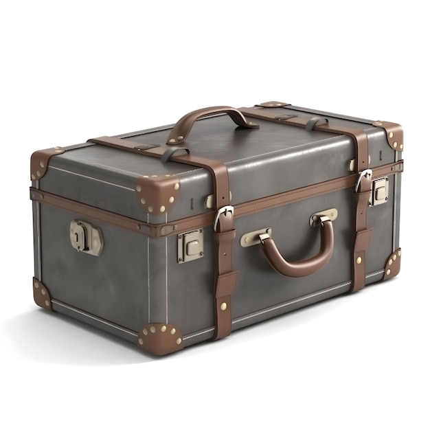 A grey suitcase with brown leather straps and the word travel on it.