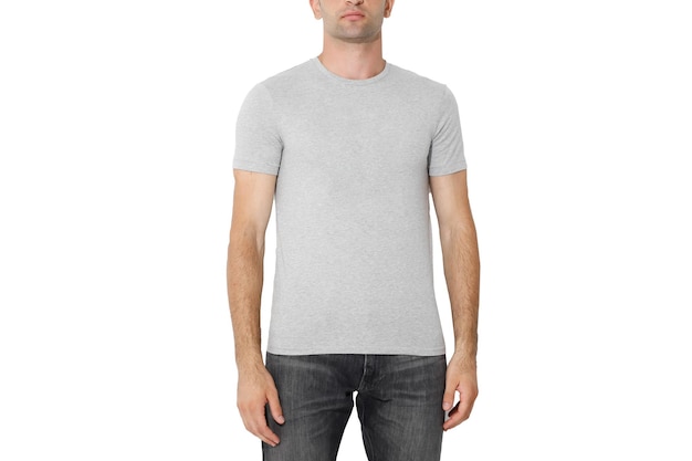 Grey tshirt on a man layout isolated on a white background copy space