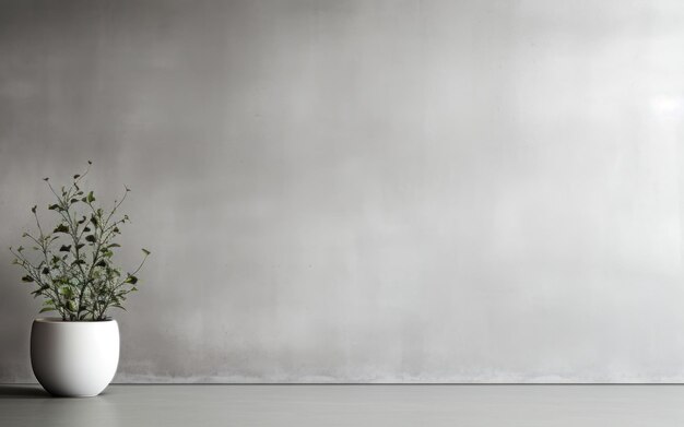 Grey Wall Background In Empty Room Potted Green Plant On Cement Floor In Blank Minimal Interior