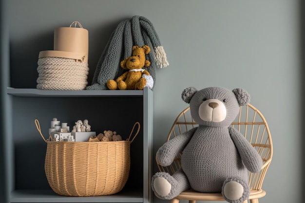 Grey wall natural basket teddy bear on childrens chair and design toys in a Scandinavian childrens room Cute modern decor with wooden shelves holding accessories and bright cotton flags Copy sp