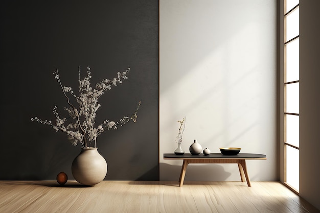 Grey wall panels and a black side table in minimalistic interior design composition Generative AI