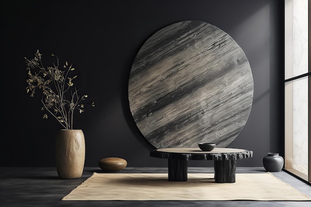 Grey wall panels and a black side table in minimalistic interior design composition Generative AI