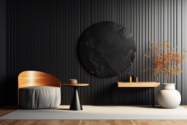 Grey wall panels and a black side table in minimalistic interior design composition Generative AI