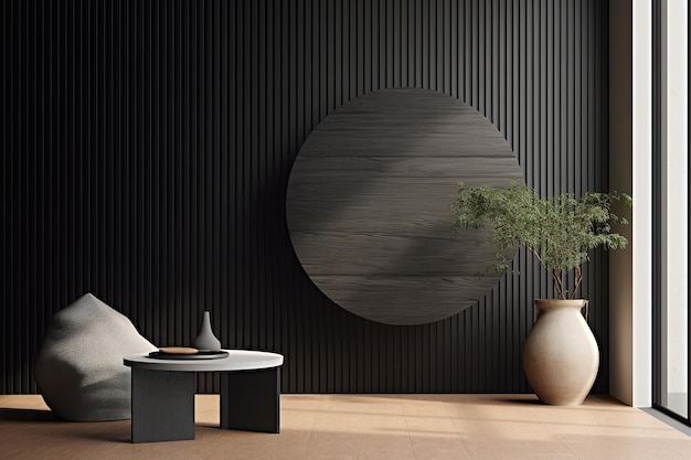 ミニマルなインテリア デザイン構成のグレーの壁パネルと黒のサイド テーブル ジェネレーティブ AI