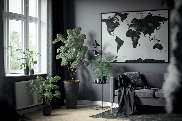 Grey wall with a black map on it in a gloomy living room with plants and a poster real picture