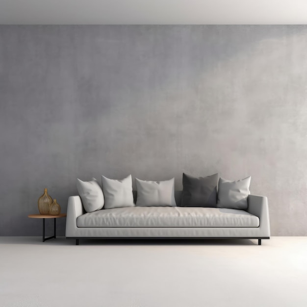 A grey wall with a couch and a table